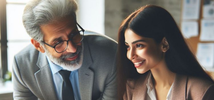 A manager wearing a suit and tie who knows how to coach employees, helping a woman at the office.