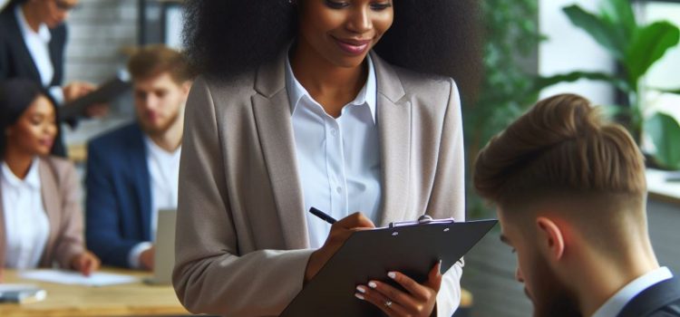 A female manager who knows how to write employee reviews, writing on a clipboard while evaluating a male employee.