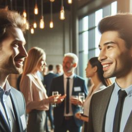 A man in a suit and tie at a networking event using a recruiting pipeline to talk another person into joining his company.