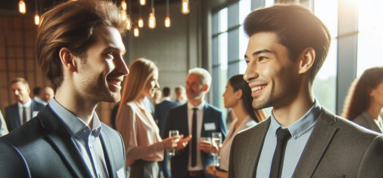 What’s a Recruiting Pipeline? The 3 Strategies to Lure Talent A man in a suit and tie at a networking event using a recruiting pipeline to talk another person into joining his company.