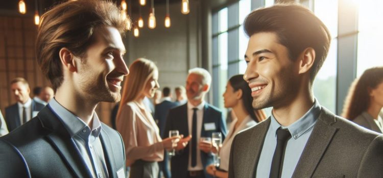 A man in a suit and tie at a networking event using a recruiting pipeline to talk another person into joining his company.