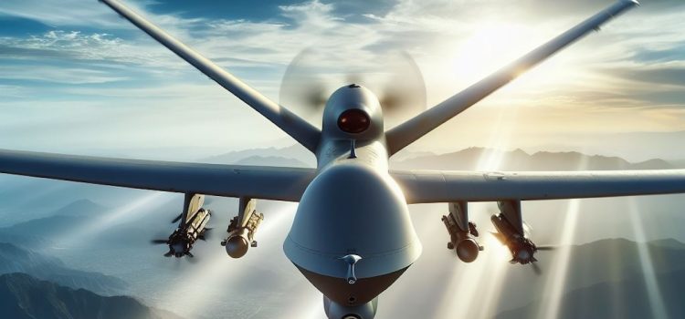 Drones in Combat: Lessons From the Ukraine-Russia Conflict military drone in combat flight with missiles over a mountainous region