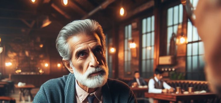 A white-haired bearded man sitting in a restaurant and listening to someone talk illustrates how to improve active listening