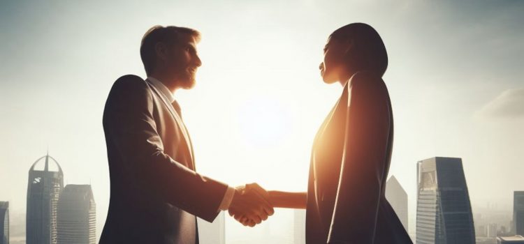 How to Win a Negotiation: 5 Tips for a Win-Lose Deal Two people trying to win a negotiation, shaking hands by a cityscape.