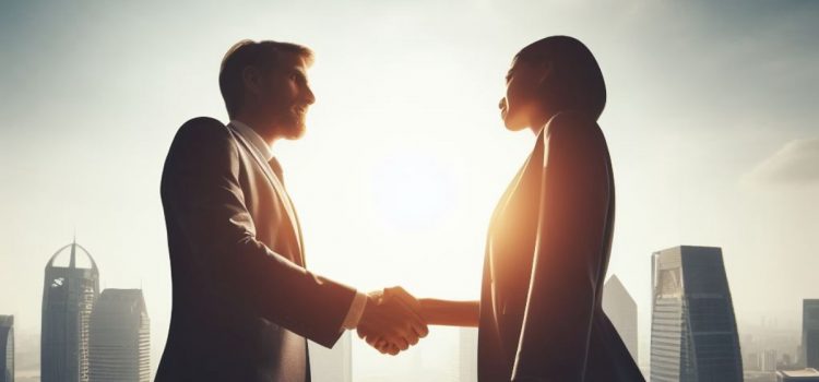 Two people trying to win a negotiation, shaking hands by a cityscape.