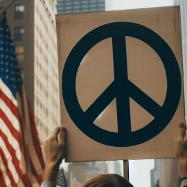 A person holding a sign with the peace symbol illustrates a people's history of the Vietnam War ("The Impossible Victory")