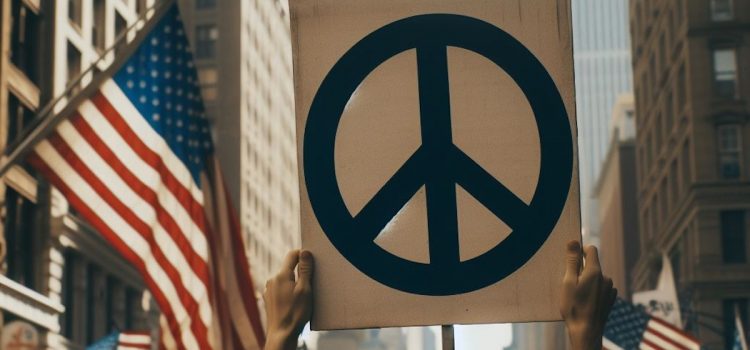 A person holding a sign with the peace symbol illustrates a people's history of the Vietnam War ("The Impossible Victory")