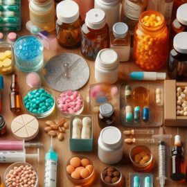A lot of pills and bottles on a table to treat health problems in men.