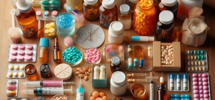 A lot of pills and bottles on a table to treat health problems in men.