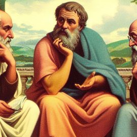 Three philosophers talking in ancient times and practicing Stoic training.