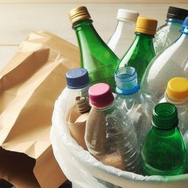 Plastic bottles in a trash can beside a paper bag illustrate the pervasiveness of estrogenic chemicals