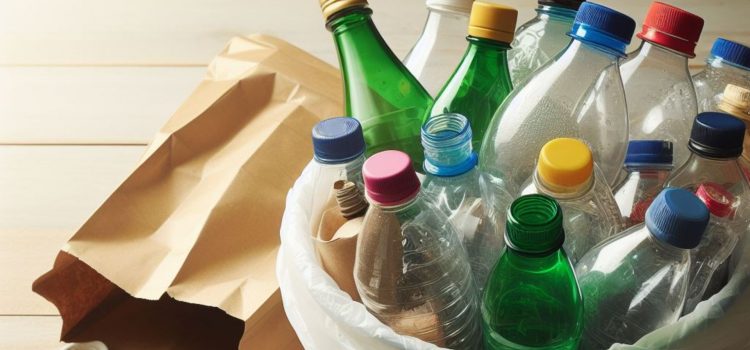 Plastic bottles in a trash can beside a paper bag illustrate the pervasiveness of estrogenic chemicals