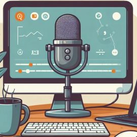 A cartoon podcast setup with a microphone, computer, and laptop on a desk.
