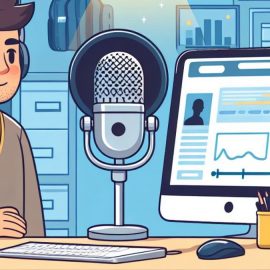 A cartoon of a man hosting a podcast with a computer and microphone.