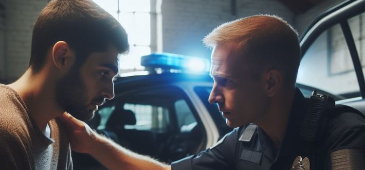 A police officer talks calmly and compassionately with a troubled man, illustrating Verbal Judo for law enforcement