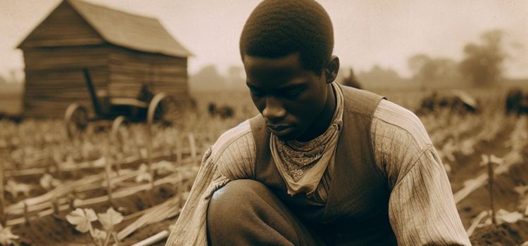 A Black male slave working in a field on a farm in nineteenth-century US, representing the history of slaves in America