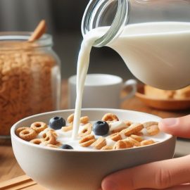 Dairy milk being poured into a cereal bowl on a kitchen table