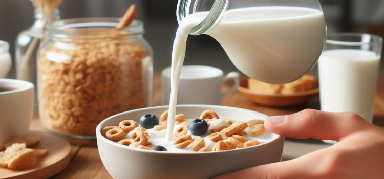 Dairy milk being poured into a cereal bowl on a kitchen table