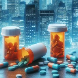 Prescription bottles spilling pills to treat common causes of erectile dysfunction in front of cityscape.