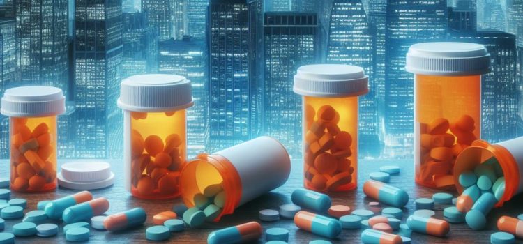 Prescription bottles spilling pills to treat common causes of erectile dysfunction in front of cityscape.