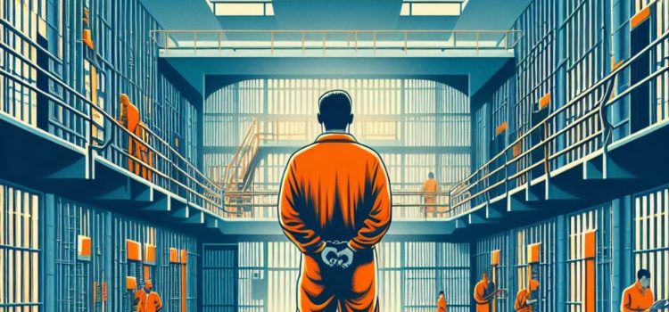 Prisoners in orange jumpsuits looking at jail cells.