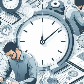 Two people working on laptops against a giant clock illustrate the science of productivity