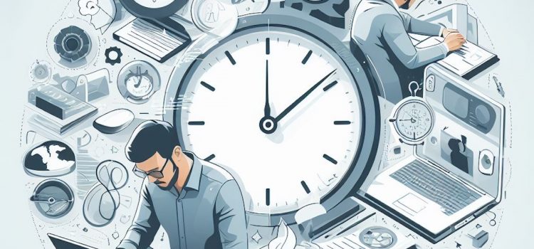 Two people working on laptops against a giant clock illustrate the science of productivity