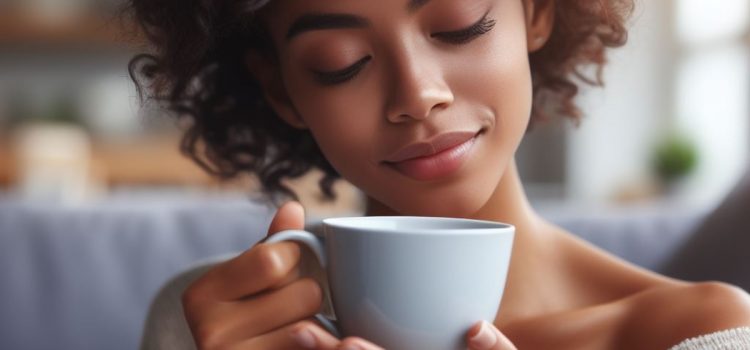 A young woman with a peaceful look and closed eyes holding a cup of tea illustrates stress relief strategies