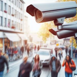 A security camera spying on people on the street in a city, which is one of the biggest social issues in the world.