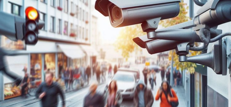 A security camera spying on people on the street in a city, which is one of the biggest social issues in the world.