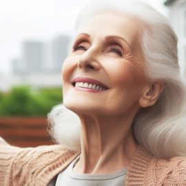 A smiling old woman holding her arms out, experiencing the benefits of letting go.