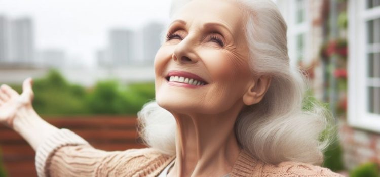 A smiling old woman holding her arms out, experiencing the benefits of letting go.