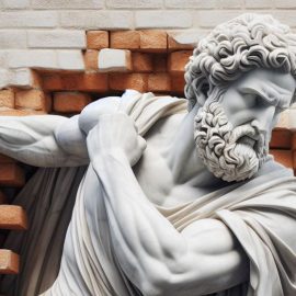 A statue punching through a wall, representing Stoicism's adversity method.