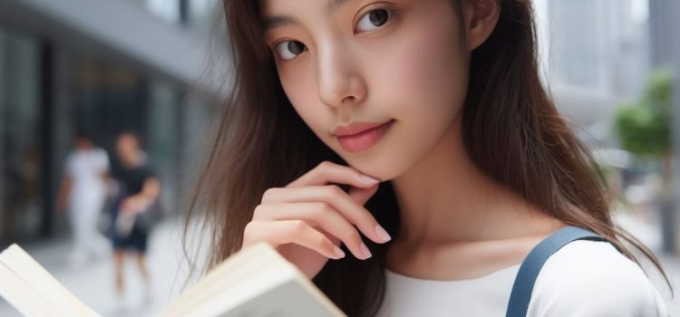 A young woman with her hand to her chin holding a book outside.