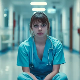 An exhausted nurse in a hospital depicting the nurse shortage in the us