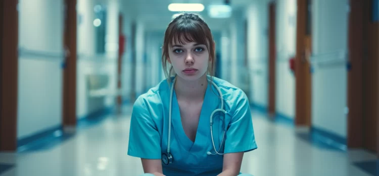 An exhausted nurse in a hospital depicting the nurse shortage in the us