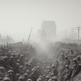 Troops fighting in a trench in World War I, of which it's been said that "War is the health of the state"