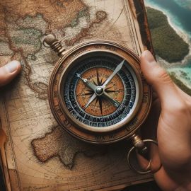 A person holds a vintage compass and map illustrates a change direction in life