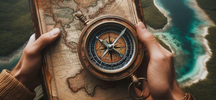 A person holds a vintage compass and map illustrates a change direction in life