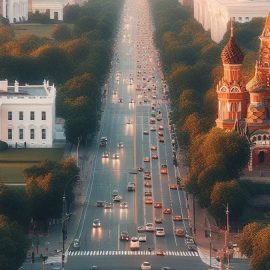A depiction of the White House and the Kremlin across the street from each other illustrates the history of the Cold War