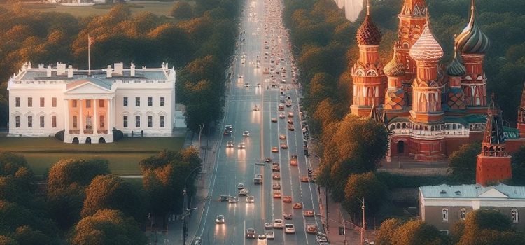 A depiction of the White House and the Kremlin across the street from each other illustrates the history of the Cold War