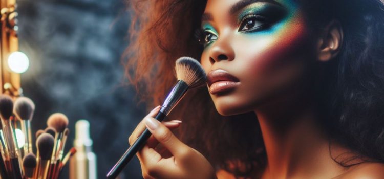 A woman applying makeup with a brush illustrates the harms of endocrine disruptors in cosmetics