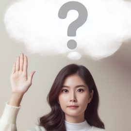 A woman with a question mark over her head raises her hand to illustrate how to deal with procrastination by asking questions