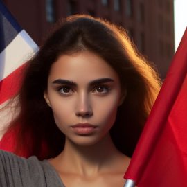 woman holding an American (US) flag and a flag with a hammer and sickle illustrates the history of socialism in America