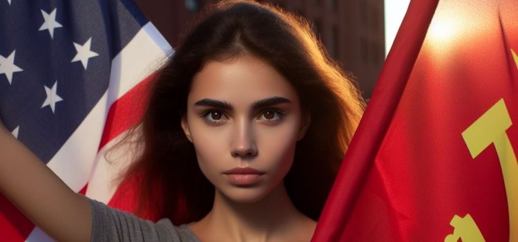 woman holding an American (US) flag and a flag with a hammer and sickle illustrates the history of socialism in America