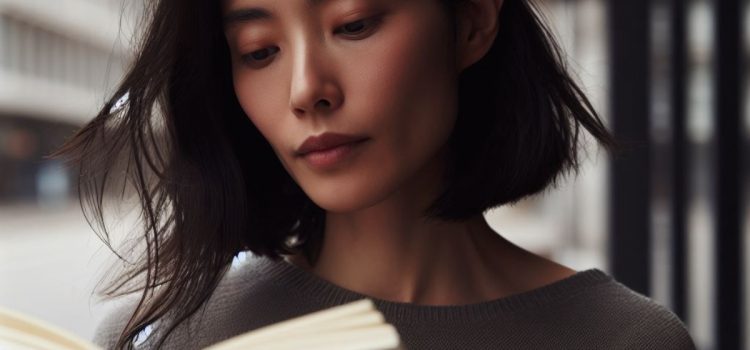 A woman reading a book outside.