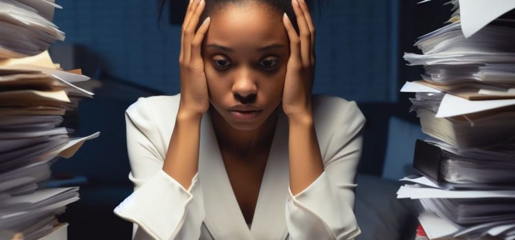 A woman holding her head next to piles of papers illustrates the 3 types of burnout and how to overcome them