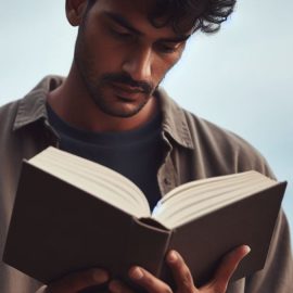 A young man reading a book outside