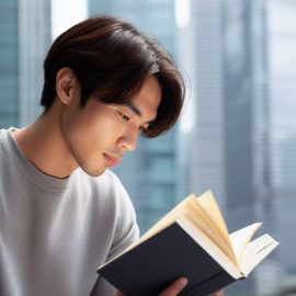 young man reading a book outside in a large city
