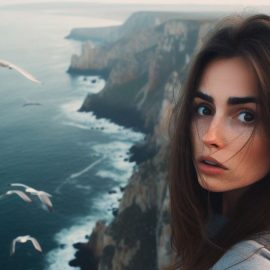 A young woman experiencing the frequency of fear as she stands scared on a cliff above the ocean.